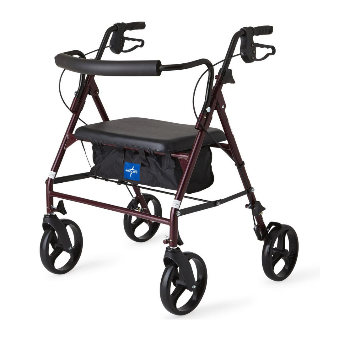 The Medline Heavy-Duty Bariatric Rollator with 8 Wheels offers an extra wide burgundy walker design, hand brakes, a padded seat, curved backrest, reinforced frame for stability, and a storage pouch underneath for comfort and support.